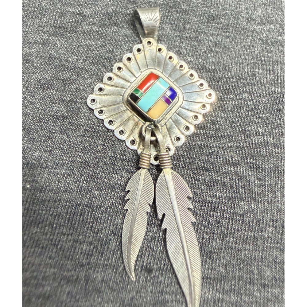 Q.T. Pendant Sterling Multi Color Inlay Southwestern Feather 2.25 Inch